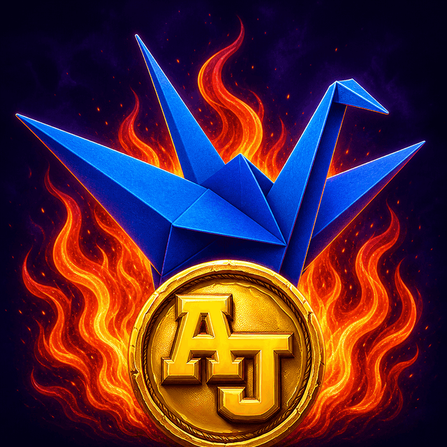 AJGami coin, flame, and folded crane